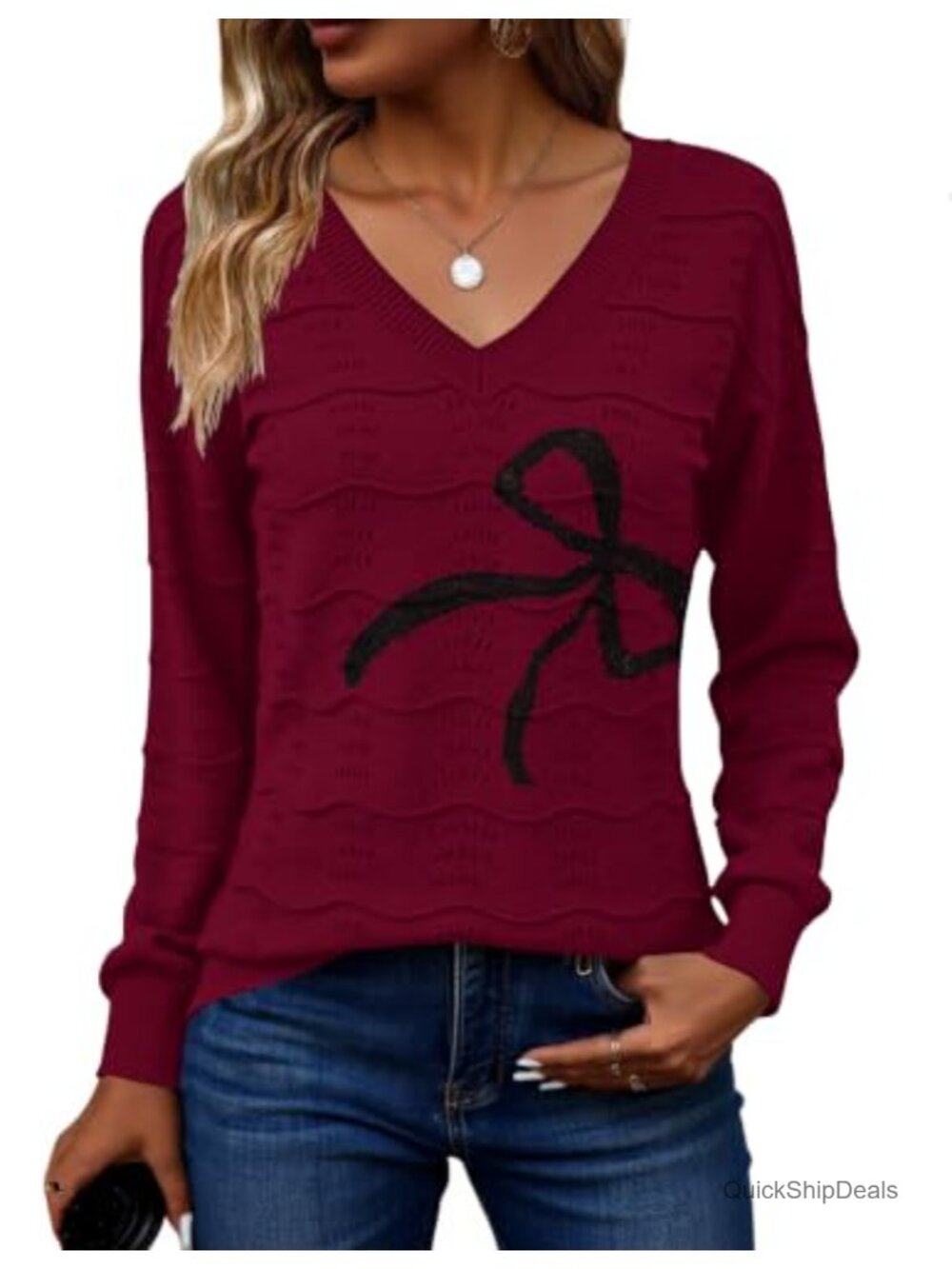 Womens V Neck Crochet Ribbed Knit Pullover Sweater Long Sleeve